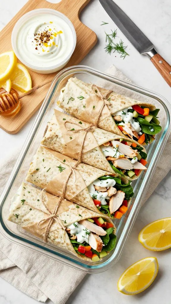 Meal-prep scene with three assembled Greek yogurt chicken salad wraps in a glass container, each secured with parchment and twine, ends open to showcase the filling: chicken, creamy yogurt sauce, chopped veggies, baby spinach, and herbs. Small condiment cup with extra Greek yogurt sauce swirled and topped with cracked pepper and lemon zest, lemon wedges and a honey dipper nearby, and a chef’s knife with bits of dill on the board. Overhead angle, bright natural kitchen light, light linen, clean marble surface, vibrant and healthy aesthetic.