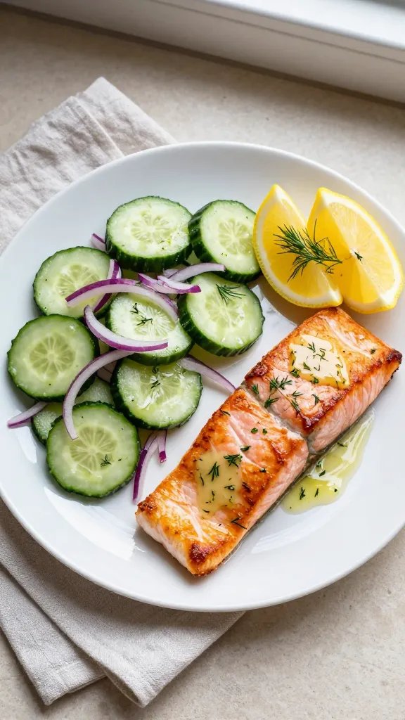 Overhead shot of a plated weeknight dinner: two seared salmon fillets with crispy golden edges and moist flaky interior, brushed with a glossy lemon-dill butter (visible flecks of fresh dill and lemon zest), alongside a chilled cucumber salad of thinly sliced Persian cucumbers, red onion slivers, and a light sheen of vinaigrette; garnished with extra dill fronds and lemon wedges. Plate on a simple matte white dish over a light linen napkin, neutral stone countertop, soft natural window light, minimal props for a fresh, modern feel.