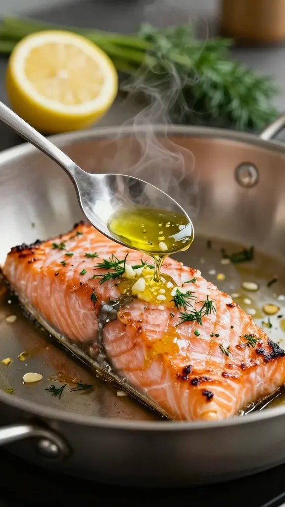 Close-up, in-process kitchen scene: salmon fillet skin-side down in a preheated stainless steel skillet, skin crackling and crisping, edges caramelized. A spoon drizzles a melted butter-olive oil mixture studded with minced garlic, Dijon, lemon zest, and chopped dill over the top, with a halved lemon and dill bunch blurred in the background. Steam rising, shallow depth of field, warm directional light emphasizing texture and gloss.