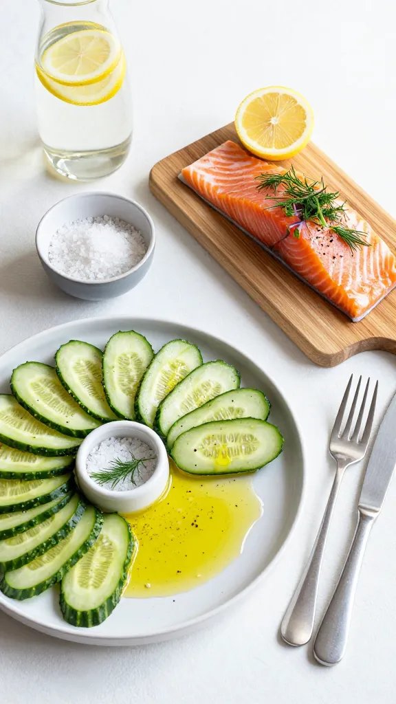 Bright, Scandinavian-style tablescape: a large shallow platter with neatly fanned ribbons of cucumber (using a mandoline), lightly salted and tossed with lemon juice, olive oil, black pepper, and dill, next to a wooden board holding salmon fillets topped with fresh dill and micro zest of lemon. Add small bowls of flaky sea salt and Dijon, a carafe of water with lemon slices, and a simple fork and knife. Clean lines, cool-toned natural light, airy composition that feels quick yet elegant.