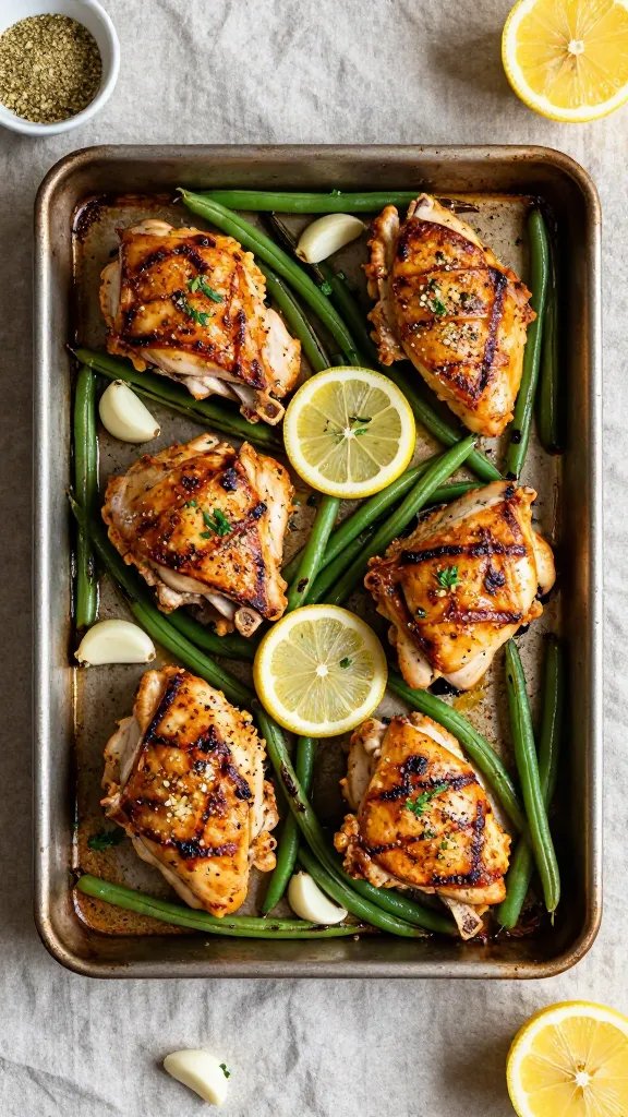 Overhead shot of a sheet pan fresh from the oven with crispy seared boneless chicken thighs and vibrant, blistered green beans. Chicken has a deep golden crust dusted with visible lemon pepper seasoning and coarse black pepper, glistening with a light butter-lemon sheen. Scattered thin lemon slices, a few smashed garlic cloves, and flecks of chopped parsley. Natural kitchen light, slightly moody shadows, minimal props (a small bowl of lemon pepper, a halved lemon), neutral linen, no text.