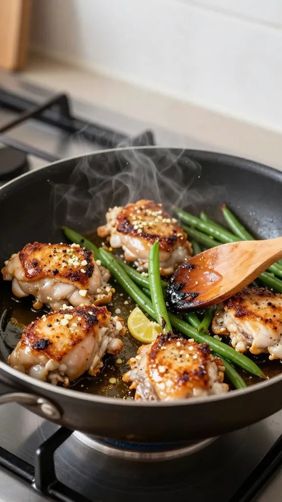 Close-up, three-quarter angle of a skillet on the stovetop finishing the sear: chicken thighs with crackly edges sizzling in butter and olive oil, steam rising, crushed garlic and lemon zest in the pan, a wooden spoon nudging bright green beans just beginning to char. Emphasize textures—crispy chicken skinless exterior, glossy beans, specks of pepper and zest. Warm, realistic lighting; shallow depth of field; modern home kitchen background.