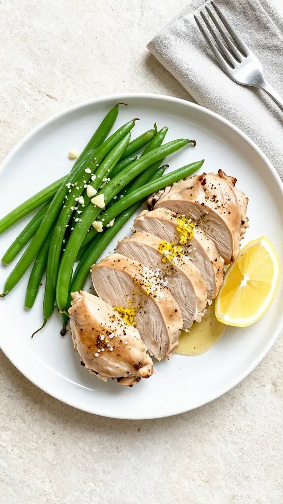 Plated dinner scene: a white ceramic plate with sliced juicy chicken thigh fanned out, sprinkled with lemon pepper and flaky salt, alongside snappy green beans tossed with garlic and a squeeze of lemon. A small drizzle of pan sauce pooling, microplaned lemon zest on top, a lemon wedge on the side. Clean, modern aesthetic on a light stone surface with a fork and a folded neutral napkin; bright, natural daylight for a fresh, zesty vibe.