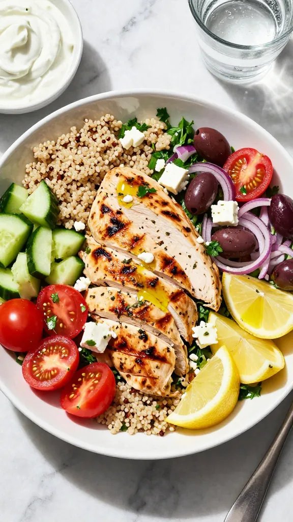 Overhead shot of a vibrant Mediterranean chicken and quinoa salad in a wide, shallow white bowl: sliced juicy herbed grilled chicken breast, fluffy tri-color quinoa, diced crunchy cucumber, halved cherry tomatoes, thin-sliced red onion, kalamata olives, chopped parsley, and crumbled feta. Drizzle of glossy olive oil, lemon wedges on the side, light sprinkle of oregano. Set on a sunlit marble surface with a small bowl of tzatziki and a glass of sparkling water in the background. Bright, natural daylight, crisp, clean styling, no text.