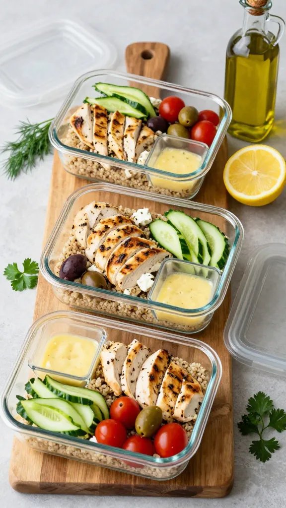 Meal-prep scene with three clear rectangular glass containers arranged diagonally on a wooden board: each filled with portions of quinoa, sliced grilled lemon-herb chicken, cucumber ribbons, cherry tomatoes, olives, and a small compartment of feta. A separate tiny lidded container of lemon vinaigrette in each. Fresh dill and parsley scattered around, a cut lemon and a bottle of extra-virgin olive oil nearby. Soft afternoon light, overhead composition, minimal rustic props, no text.