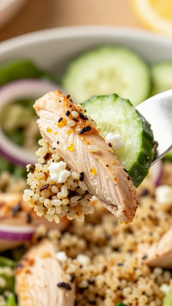 Close-up, fork-in-motion shot capturing texture: a fork lifting a perfect bite of quinoa, a piece of juicy herbed chicken, a slice of cucumber, a bit of feta, and a sliver of red onion, with the colorful salad bowl softly blurred in the background. Visible micro-beads of olive oil and a hint of lemon zest on the chicken. Warm, natural light, shallow depth of field, high detail, no text.