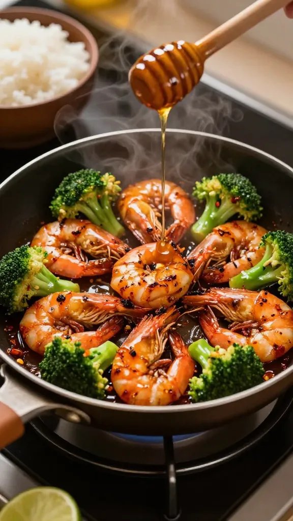 Overhead shot of a sizzling skillet on a stovetop with glossy spicy honey shrimp and bright green broccoli florets tossed together; visible caramelization on shrimp, glistening sticky sauce with chili flakes and minced garlic, a drizzle of honey mid-pour from a wooden dipper catching light; steam rising; side bowls of fluffy white rice and lime wedges nearby; warm evening kitchen lighting, shallow depth of field, high-resolution food photography, no text.