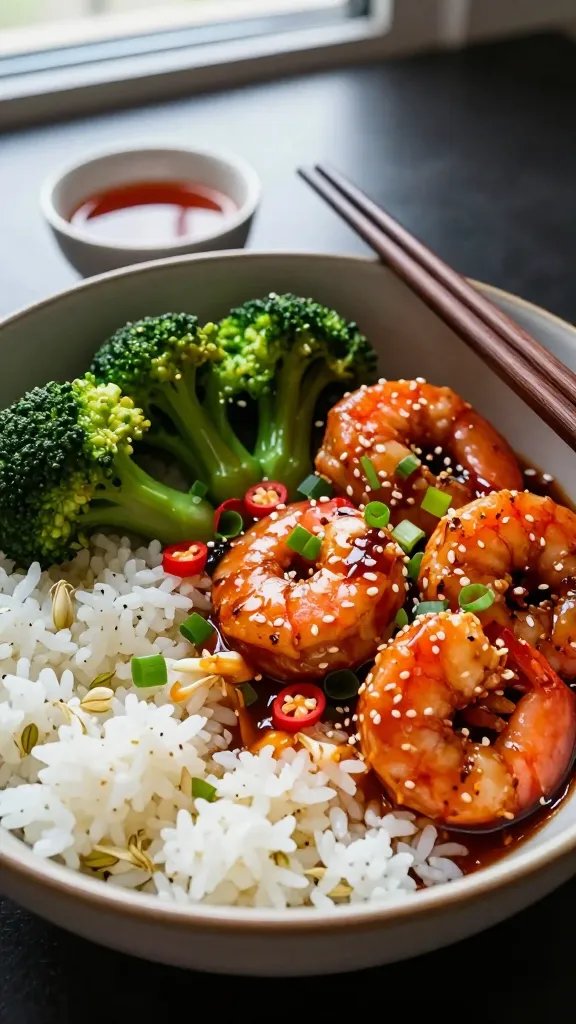Close-up hero bowl: a wide ceramic bowl filled half with jasmine rice and half with spicy honey-glazed shrimp and crisp-tender broccoli; sauce pooling slightly at the bottom, sesame seeds and finely sliced scallions sprinkled on top, thin red chili slices for pop; a pair of chopsticks resting on the rim, a small ramekin of extra sauce in background blur; natural window light, moody shadows, vibrant color contrast, no text.