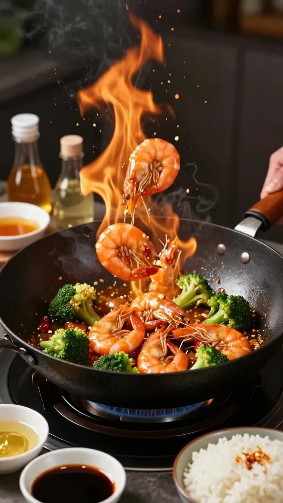 Action scene: hand tossing shrimp and broccoli in a large black wok, flames licking the sides for a quick sear; glossy amber sauce clinging to ingredients, visible garlic bits and chili flakes; nearby mise en place—small bowls of honey, soy sauce, rice vinegar, and a plate of cooked rice ready to serve; dynamic motion blur on the toss, crisp focus on shrimp, dramatic side lighting, no text.