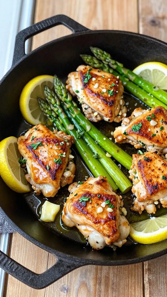 Overhead shot of a black cast-iron skillet on a rustic wooden table, filled with golden pan-seared chicken thighs (skin-on, deeply browned edges) nestled with bright green, crisp-tender asparagus spears. A glossy butter-lemon-garlic glaze lightly coats everything, with visible minced garlic bits and tiny browned shallot flecks. Fresh chopped parsley and thyme leaves scattered on top, thin lemon rounds tucked along the sides, and a small knob of melting butter pooling near the handle. Natural window light from the left, shallow depth of field, no text, high-resolution food photography.