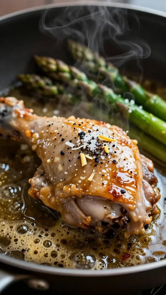 Close-up, three-quarter angle of a single chicken thigh in the skillet being spoon-basted with a shimmering garlic herb butter sauce. Visible steam, micro-bubbles in the sauce, and caramelized fond on the pan surface. Bright asparagus tips in the background slightly out of focus. Garnishes: cracked black pepper, flaky sea salt, and zest shavings on the chicken. Warm, moody lighting with soft shadows, emphasizing texture and juiciness, no text.