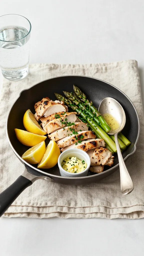 Casual weeknight table scene: the skillet centered on a neutral linen trivet, served family-style. Sliced chicken pieces arranged over asparagus, with extra lemon wedges on the side and a small ramekin of herb butter nearby. A vintage silver serving spoon glistening with sauce, a glass of sparkling water with condensation, and a subtle sprinkle of fresh chives and parsley over the dish. Clean, bright daylight, minimalist background, contemporary editorial food styling, no text.