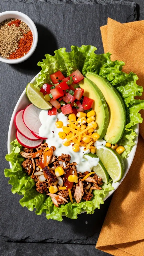 Overhead shot of a vibrant Turkey Taco Lettuce Wrap Bowl on a textured dark slate surface: crisp butter lettuce leaves formed into shallow bowls filled with sizzling ground turkey cooked with visible diced yellow onion and minced garlic, lightly sauced, topped with bright pico de gallo, creamy avocado slices, thinly sliced radishes, sweet corn kernels, a sprinkle of shredded cheddar, and a drizzle of creamy lime-yogurt sauce. Include lime wedges, a small bowl of taco seasoning spices (chili powder, cumin, paprika), and a warm-toned napkin. Natural side light, shallow shadows, no text.
