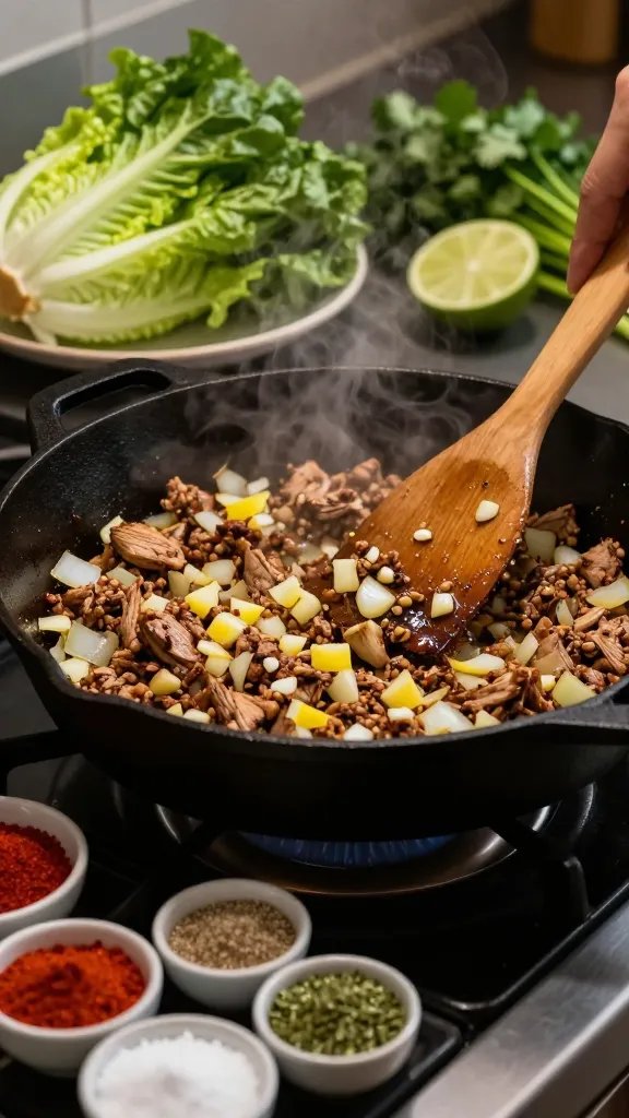 Action close-up in a cast-iron skillet on a stovetop: ground turkey browning with diced yellow onions and minced garlic, steam rising, a wooden spatula stirring. In the foreground, small pinch bowls of chili powder, cumin, smoked paprika, oregano, salt, and pepper ready to add; in the background, a plate piled with crisp whole romaine leaves, a halved lime, and a bunch of cilantro. Moody kitchen light, high contrast, cinematic feel, no text.