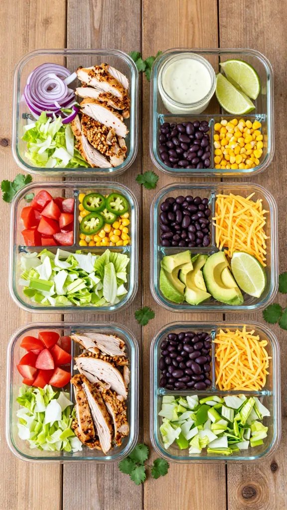 Meal-prep scene on a rustic wooden table: four glass containers arranged neatly, each with separated sections—base of chopped crisp lettuce, a generous portion of seasoned cooked turkey, and compartments of toppings (diced tomatoes, red onion, jalapeño slices, corn, black beans, avocado cubes with lime, shredded cheese). Include a small jar of creamy chipotle-lime dressing, lime wedges, and scattered cilantro leaves. Bright, clean daylight, minimal props, no text.