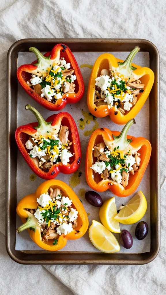 Overhead shot of a rustic baking tray with halved red, yellow, and orange bell peppers stuffed with a Greek chicken mixture, topped with crumbled feta, lemon zest, and chopped parsley; light olive oil sheen; a few charred edges on peppers; scattered Kalamata olives and lemon wedges on the side; neutral linen, dappled natural daylight, crisp focus, minimal props, summer Mediterranean vibe