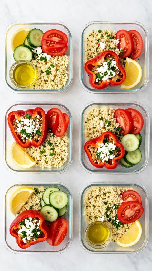 Meal-prep scene: four glass containers neatly arranged on a light marble surface, each holding one stuffed pepper plus sides of herbed couscous and a few cucumber-tomato slices; feta crumbles and parsley sprinkled over everything; lemon wedges tucked into corners; small jar of olive oil nearby; top-down composition, airy summer color palette, sharp detail, no text or labels