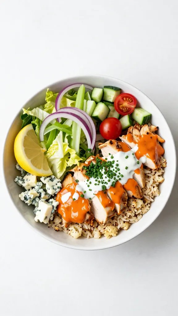 Overhead shot of a modern, shallow bowl filled with roasted cauliflower rice as the base, topped with sliced buffalo chicken breast coated in a glossy bright-orange sauce, crisp chopped romaine, thinly sliced celery and red onion, halved cherry tomatoes, diced cucumber, and a sprinkle of fresh chopped chives. Add a light drizzle of creamy ranch over the chicken and a few crumbles of blue cheese on one side. Include a lemon wedge and a small cup of extra buffalo sauce nearby. Natural daylight, clean white tabletop, minimal props, vibrant colors, no text.