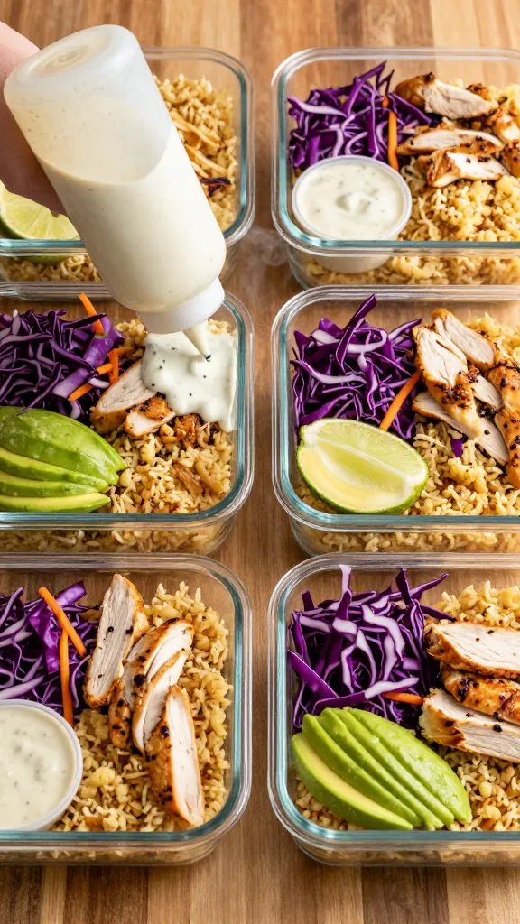Meal-prep scene with four rectangular glass containers arranged neatly on a wooden surface. Each container has a layer of golden roasted cauliflower rice, a portion of buffalo chicken strips, a side of shredded purple cabbage and carrot slaw, and a small section of sliced avocado with a lime wedge. A squeeze bottle drizzles a thin zigzag of ranch over two containers, while a small ramekin of buffalo sauce sits in frame. Soft overhead lighting, fresh steam subtly rising from the chicken, crisp, high-contrast food styling, no text.