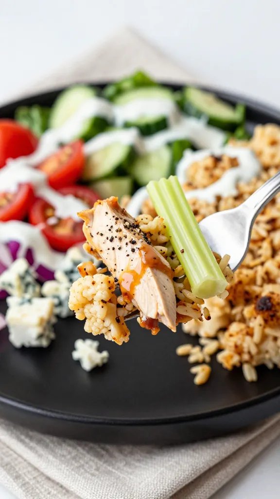 Action close-up: a fork lifting a bite that includes a piece of saucy buffalo chicken, a bit of roasted cauliflower rice, and a shard of celery, with the bowl blurred in the background. In the bowl, show colorful layers—greens, diced cucumber, cherry tomatoes, red onion, blue cheese crumbles, and ranch drizzle—plus a dusting of freshly cracked black pepper. Set on a matte black plate with a neutral linen napkin. Bright, natural light, shallow depth of field, no text.