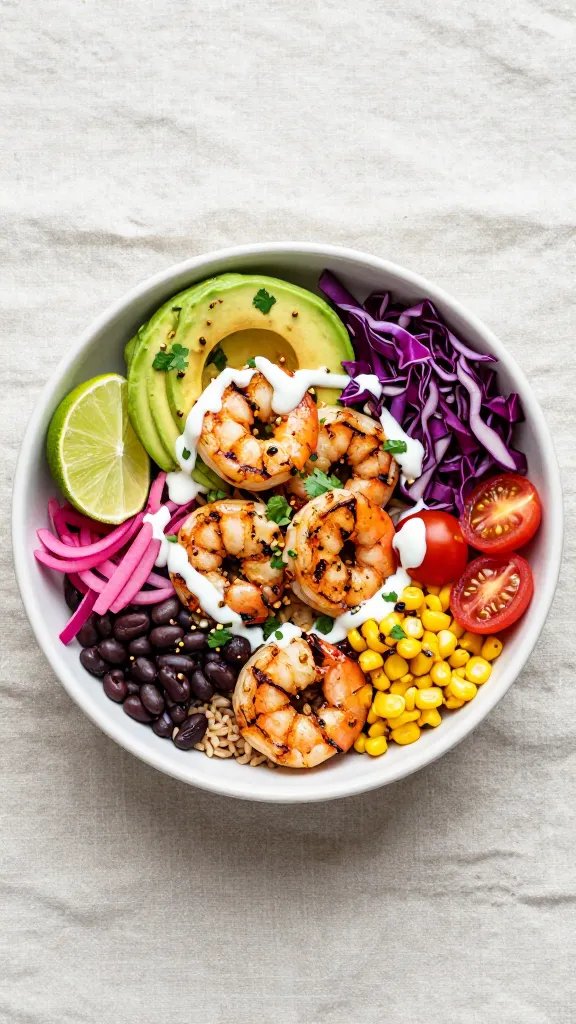Overhead shot of a vibrant grilled shrimp and avocado power bowl: char-grilled jumbo shrimp with light char marks, creamy avocado fan, cilantro-lime brown rice base, black beans, roasted corn, cherry tomatoes halved, thinly sliced red cabbage, pickled red onions, and a drizzle of zesty cilantro-lime crema; lime wedges on the side, sprinkled chopped cilantro and toasted pepitas on top; natural daylight on a matte ceramic bowl, minimal rustic linen, clean, modern food photography, no text.
