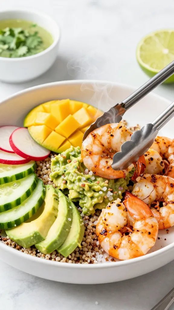 Close-up, three-quarter angle of tongs placing smoky garlic-lime grilled shrimp onto a composed bowl: avocado slices, quinoa base, sliced cucumbers, radish coins, mango chunks, and a dollop of guacamole; visible steam from shrimp, coarse sea salt and chili flakes scattered; background shows a small bowl of cilantro-lime dressing and a cut lime; bright, fresh, high-contrast styling, shallow depth of field, no text.