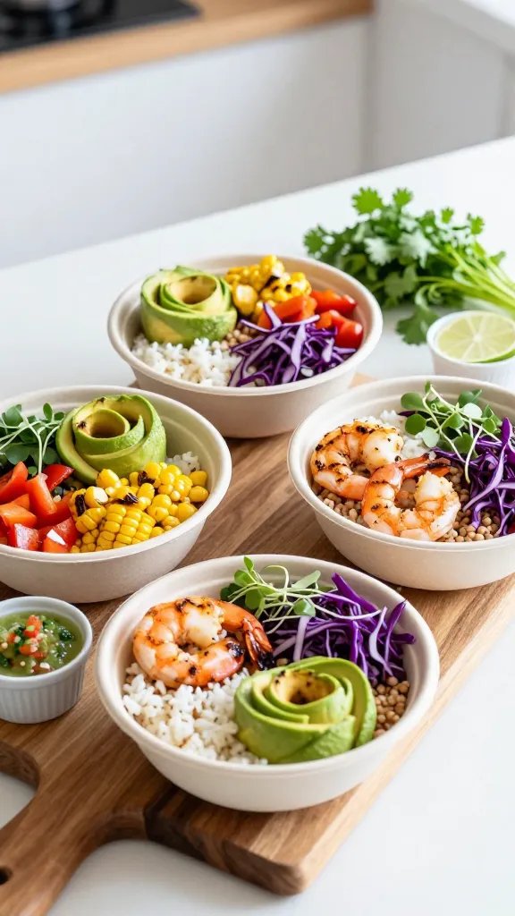 Meal-prep scene with three neatly arranged power bowls on a wooden board: each bowl features a different base (white rice, cauliflower rice, and farro) topped with grilled shrimp, avocado roses, charred corn, diced red bell pepper, shredded purple cabbage, and microgreens; small ramekins of salsa verde and lime-cilantro sauce nearby, lime halves and a bunch of fresh cilantro; soft morning light, crisp colors, minimalist kitchen backdrop, no text.