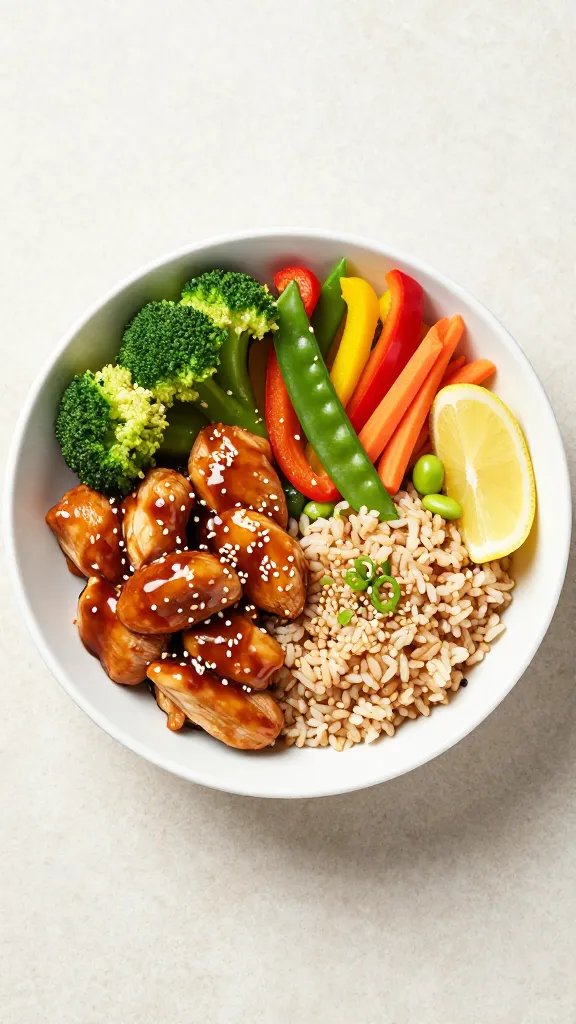 Overhead shot of a bright, fresh teriyaki chicken and veggie bowl in a wide white ceramic bowl: glossy bite-size chicken breast pieces lightly coated in reduced-sugar teriyaki, served over a small scoop of fluffy steamed brown rice; piled with crisp, colorful veggies—thin broccoli florets, rainbow bell pepper strips (red, yellow), sugar snap peas, shaved carrots, and a few edamame; garnished with a light sprinkle of toasted sesame seeds and finely sliced scallions; a lemon wedge on the side; natural daylight on a light stone surface, minimal props, clean modern styling, no text.