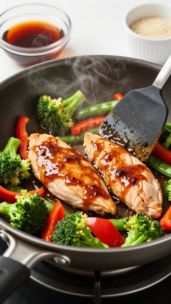 Action scene in a nonstick skillet: lean chicken breast chunks sizzling with a light sheen of teriyaki glaze, surrounded by just-tender veggies—broccoli, red bell pepper, and snap peas—steam rising; a silicone spatula mid-stir; sauce looks glossy but not heavy; background includes a small glass bowl of reduced-sugar teriyaki and a ramekin of sesame seeds slightly out of focus; shot at a 45-degree angle, bright kitchen lighting, crisp detail, no text.