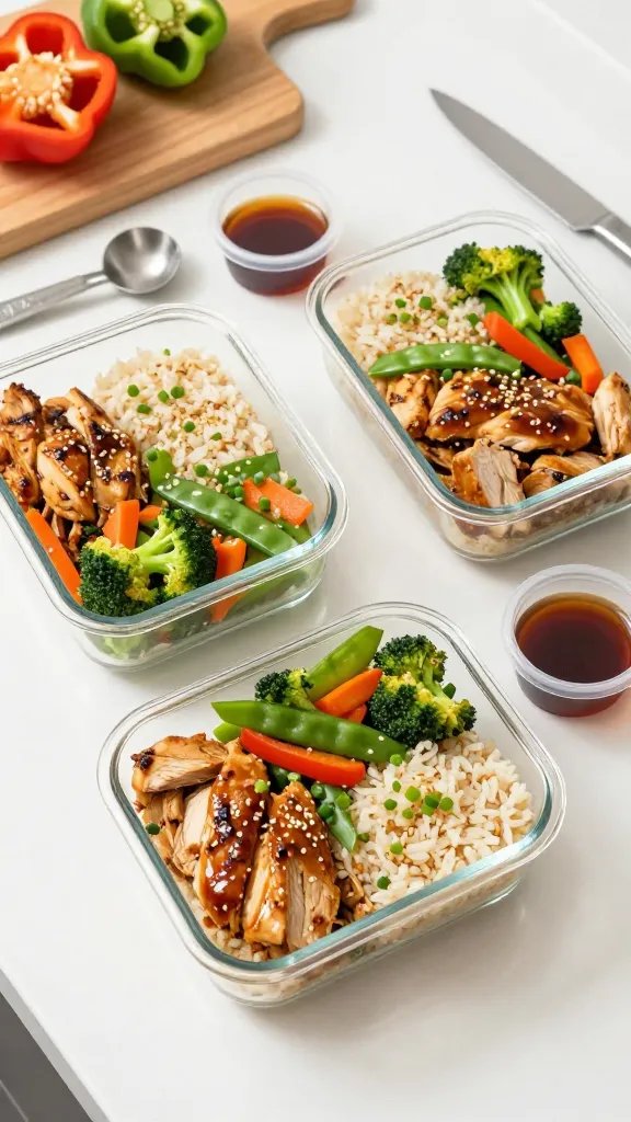 Meal-prep layout on a white countertop: three clear rectangular glass containers neatly filled with light teriyaki chicken, mixed sautéed veggies (broccoli, peppers, snap peas, carrots), and a compact portion of brown rice; each topped with a scattering of scallions and sesame seeds; a small lidded sauce cup with extra light teriyaki in each container; measuring spoons, a chef’s knife, and a cutting board with sliced peppers visible in the background; soft natural light, overhead composition, clean and inviting, no text.