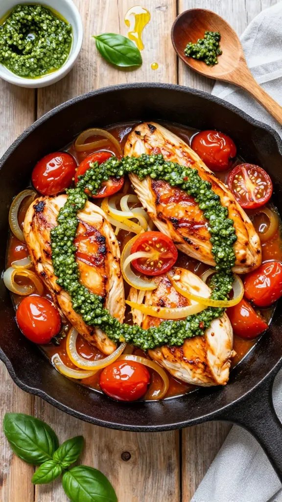 Overhead view of a black cast-iron skillet on a rustic wooden table: golden seared chicken breast pieces nestled among burst cherry tomatoes in a glossy, sweet-tart sauce, ribbons of thinly sliced yellow onion softened and translucent, and a generous swirl of vibrant green basil pesto melting into the juices. Fresh basil leaves scattered, a wooden spoon with a sheen of pesto, a small bowl of extra pesto and a drizzle of olive oil visible nearby. Natural window light, bright, summery color palette, no text.