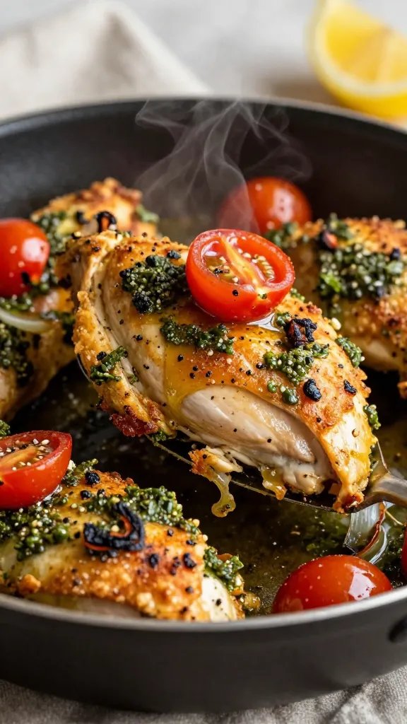 Close-up, three-quarter angle of a single portion being scooped from the skillet: juicy chicken with crisp golden edges coated in basil pesto, cherry tomatoes split and bursting, their juices pooling, flecks of black pepper and sea salt, and tiny charred onion edges. Steam rising subtly, shallow depth of field, warm evening light, a linen napkin and lemon wedge blurred in the background to hint brightness, no text.
