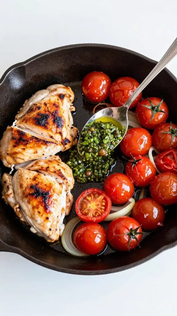 Process scene, mid-cook in one pan: chicken pieces just seared with caramelized spots pushed to one side of a cast-iron skillet, the other side filled with whole cherry tomatoes beginning to blister and split, thin onion slices softening, a spoonful of thick basil pesto mid-drop from a spoon into the center, olive oil glistening. Top-down shot, clean stovetop, minimalist kitchen vibe, vibrant reds and greens contrasting with dark skillet, no text.