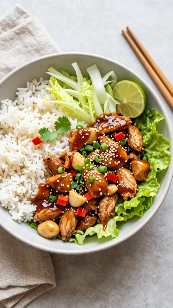 Overhead shot of an assembled Asian chicken lettuce wrap bowl: a wide, shallow ceramic bowl filled with fluffy jasmine rice on one side and finely chopped romaine and butter lettuce ribbons on the other. In the center, glistening ground chicken cooked with diced water chestnuts, scallions, and tiny diced red bell pepper, coated in a glossy soy-ginger-garlic sauce. Drizzle of darker sauce pooling slightly, topped with sesame seeds, sliced green onions, and a few cilantro leaves. Lime wedges on the rim, chopsticks resting on a linen napkin, neutral matte background, soft natural window light.