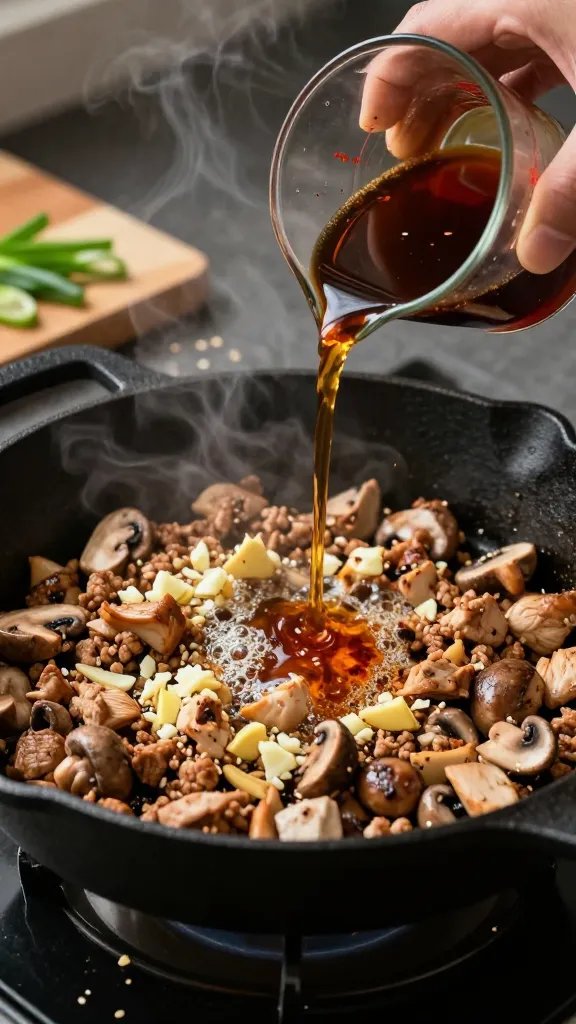 Close-up, action-oriented skillet scene: ground chicken sizzling in a black cast-iron skillet with minced garlic and ginger visibly caramelizing, diced mushrooms and water chestnuts mixed in. A hand pours a small stream of dark, glossy sauce from a glass measuring cup (soy, hoisin, rice vinegar, honey) into the pan; tiny bubbles form where it hits. Steam curls upward, scattered red pepper flakes and sesame seeds on the counter, sliced scallions on a cutting board nearby. Warm, moody lighting with shallow depth of field.