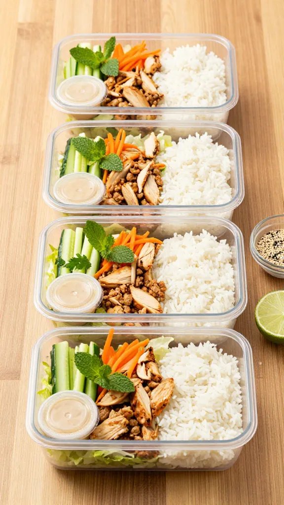 Meal-prep lineup on a wooden table: three clear meal-prep containers, each layered with a base of shredded crisp lettuce and a scoop of seasoned ground chicken, plus a neat mound of steamed rice. Small lidded condiment cups filled with extra sauce tucked into each container. Garnishes of cucumber matchsticks, julienned carrots, and fresh herbs (mint, cilantro) arranged neatly. A small bowl of sesame seeds and lime halves off to the side. Bright, clean daylight aesthetic, minimal props, no text.