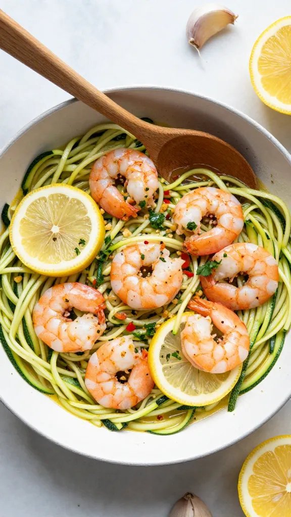 Overhead shot of a shallow white skillet filled with zucchini noodles (zoodles) glistening in a light lemon-garlic butter sauce, topped with plump pink shrimp, thin lemon slices, flecks of red pepper, chopped parsley, and a few toasted breadcrumbs; a wooden spoon resting on the rim, garlic cloves and a halved lemon nearby on a marble countertop, soft natural window light, crisp, vibrant, appetizing.