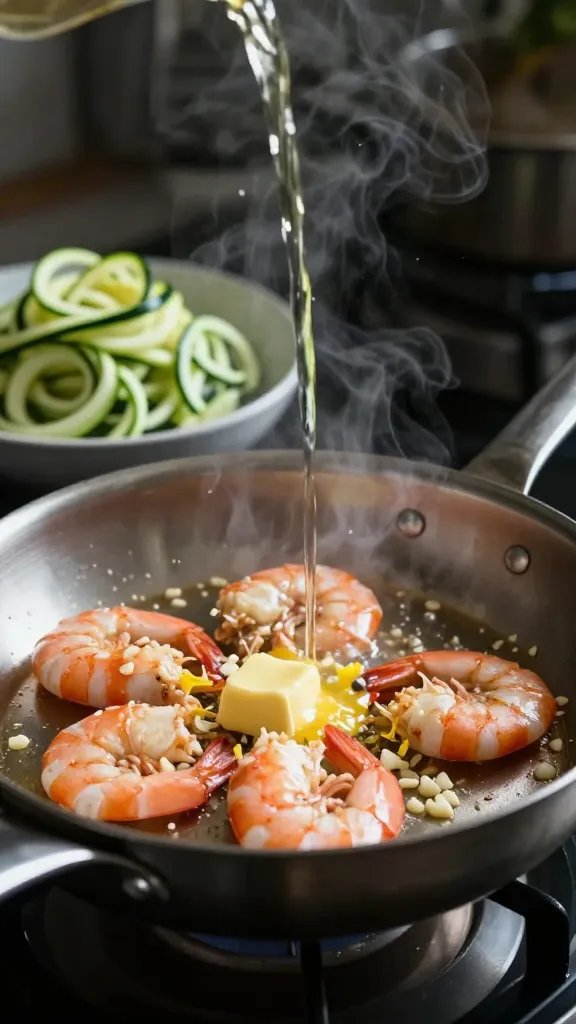 Close-up, three-quarter angle of shrimp being sautéed in a stainless-steel skillet with minced garlic and a knob of melting butter; steam rising, a splash of white wine mid-pour, lemon zest visible, and a pile of fresh spiralized zucchini noodles waiting in a bowl beside the pan; moody kitchen background with bokeh, high contrast, cinematic food styling.