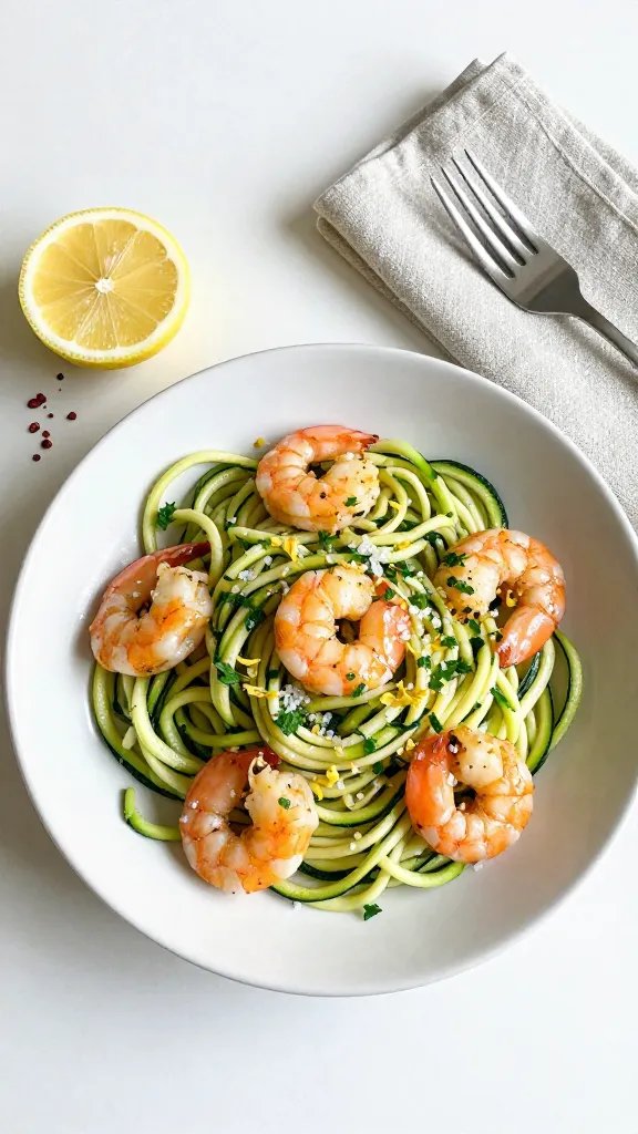 Bright plate-up scene: a twirl of zucchini noodles nestled in a shallow pasta bowl, dotted with juicy shrimp, glossy from sauce, finished with finely chopped parsley, microplaned lemon zest, and a light sprinkle of flaky sea salt; a lemon wedge and chili flakes off to the side, linen napkin and fork set casually, sunlit farmhouse table, clean minimal aesthetic, no text.