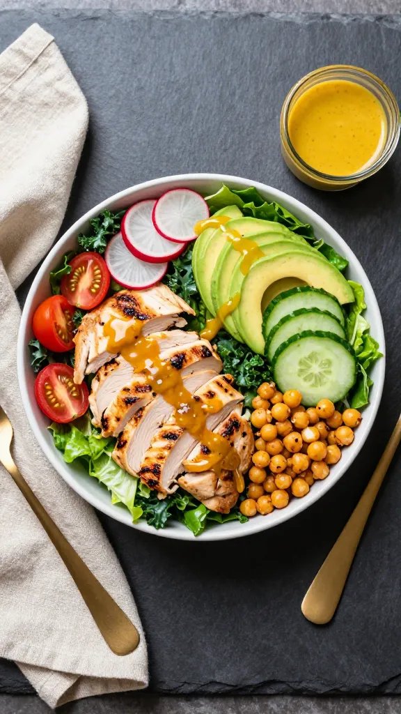 Overhead shot of a vibrant honey mustard chicken salad bowl on a matte slate surface: sliced grilled chicken breast with visible char marks glazed in glossy honey mustard, nestled on a bed of crisp romaine and shredded kale. Add halved cherry tomatoes, thin radish slices, creamy avocado fan, shaved cucumbers, and crunchy roasted chickpeas. Include a small glass jar of the same honey mustard dressing with a drizzle pooling on the chicken. Natural daylight from the left, soft shadows, no text, modern minimal styling with a neutral linen napkin and a gold fork.