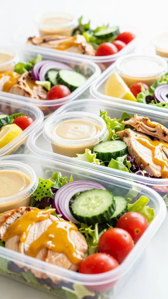 Close-up, 3/4 angle of meal-prep containers lined up diagonally, each filled with components in neat sections: honey-mustard–lacquered chicken slices, mixed crunchy greens, sliced mini cucumbers, grape tomatoes, red onion slivers, and a lemon wedge. A tiny lidded cup of extra dressing tucked in each container. Emphasize glossy texture of the sauce, crisp condensation on veggies, and freshness. Clean white background, bright airy light, shallow depth of field, no text, contemporary healthy food aesthetic.