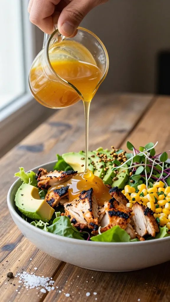Action shot: hand pouring thick golden honey mustard dressing from a small glass pitcher over a just-assembled salad bowl. The stream catches highlights as it coats charred chicken and bounces off crunchy greens. Surrounding toppings: avocado cubes, sweet corn kernels, microgreens, toasted pepitas, and chopped herbs. Rustic wood table, scattered kosher salt flakes and pepper, soft natural window light, high-resolution, no text, appetizing, dynamic motion with a few dressing droplets midair.
