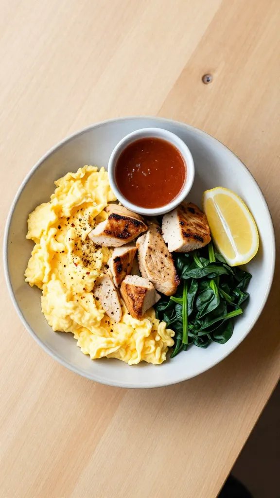 Overhead shot of a steaming breakfast bowl filled with fluffy egg white scramble, bite-sized grilled chicken breast pieces, and wilted baby spinach, sprinkled with black pepper and red pepper flakes. Sides include a small ramekin of hot sauce and a lemon wedge. Natural morning light on a light wood table, neutral ceramic bowl, minimal styling, no text, high realism.