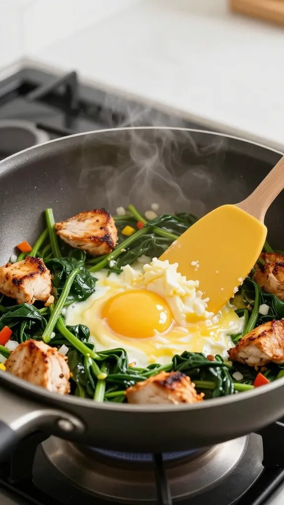 Mid-action close-up of a nonstick skillet on a stovetop: glossy egg whites just set, ribbons of spinach folding in, golden seared chicken chunks dispersed, a silicone spatula gently lifting curds. A few diced onions and bell peppers visible for color, light sheen of steam, shallow depth of field, clean modern kitchen backdrop, no text.
