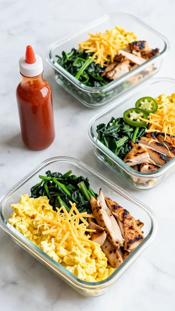 Meal-prep vibe: three glass containers aligned on a marble counter, each packed with egg white scramble, sautéed spinach, and chopped grilled chicken, topped with a light sprinkle of shredded cheese on one and sliced jalapeños on another. A small squeeze bottle of hot sauce nearby, soft daylight, crisp, bright color palette, no text.