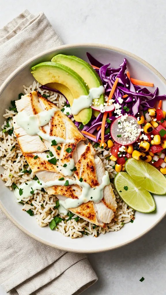 Overhead shot of a vibrant garlic lime fish taco bowl on a matte ceramic plate: flaky white fish fillets with golden sear, glistening from a lime-garlic butter, sliced into large chunks; bed of fluffy cilantro-lime rice with visible chopped cilantro and lime zest; crunchy purple cabbage slaw with thinly sliced radish, shredded carrot, and a light sheen of crema; creamy avocado fan, charred corn kernels, pico de gallo with diced tomatoes and red onion; fresh lime wedges, sprinkle of cotija cheese and chopped cilantro; subtle drizzle of pale green jalapeño-lime crema; neutral linen napkin, minimal props, natural daylight, soft shadows, bright, fresh color palette, no text.