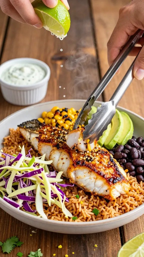 Action close-up of assembling a fish taco bowl: a hand with tongs placing a piece of sizzling, garlicky, lime-kissed fish into a shallow bowl layered with warm rice; visible steam, glossy caramelized edges on fish; pre-arranged sections of crunchy slaw (purple and green cabbage), avocado slices, black beans, charred corn, and a small ramekin of creamy cilantro-lime sauce; lime being squeezed in the background with droplets caught midair; rustic wooden table, scattered chopped cilantro and lime zest, high shutter speed, sharp focus on textures, no text.