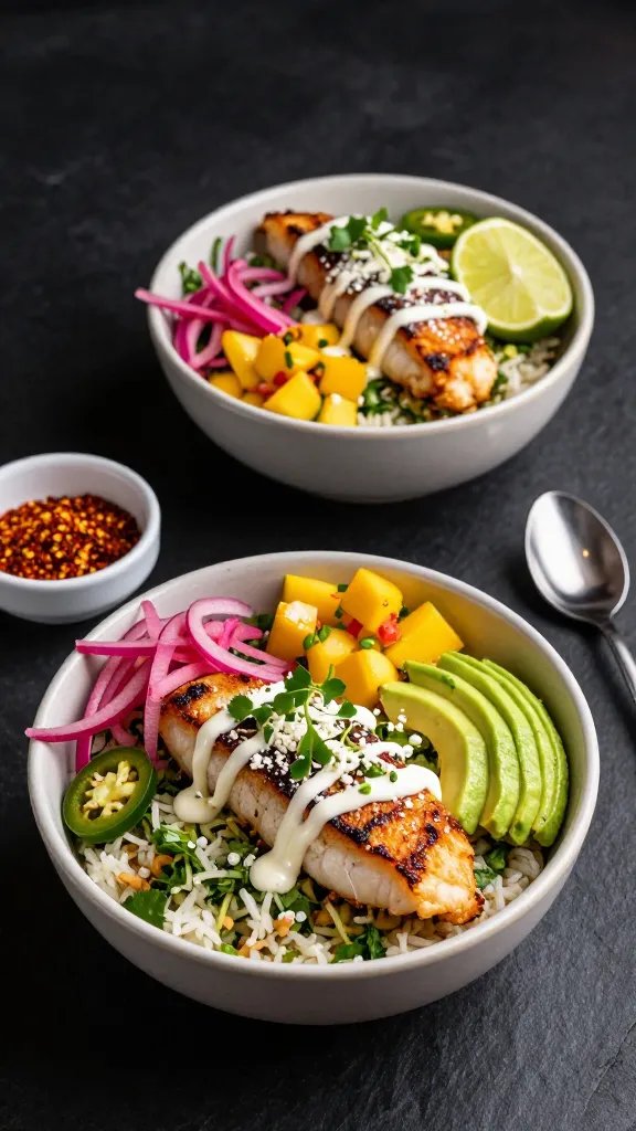 Moody side-angle of finished weeknight garlic lime fish taco bowls for two on a dark slate surface: bowls brimming with cilantro-lime rice, flaky seared fish, vibrant slaw, pickled red onions, diced mango salsa for a sweet pop, avocado, and thinly sliced jalapeños; generous drizzle of tangy crema ribboning across; garnished with cotija crumbles and micro cilantro; halved limes, small dish of chili flakes, and a spoon with sauce nearby; soft directional light creating gentle highlights, shallow depth of field, restaurant-style plating, no text.