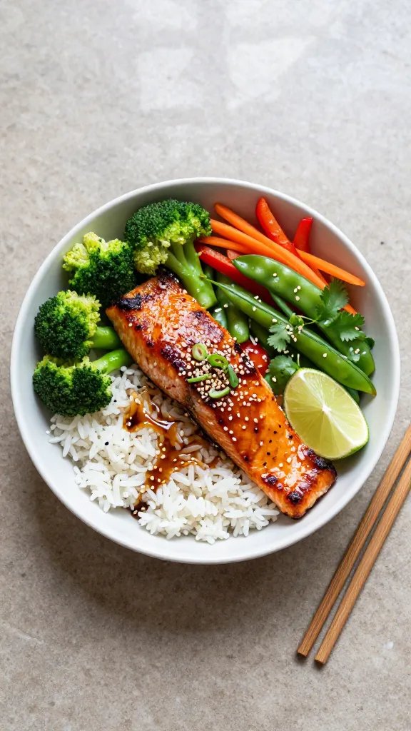 Overhead shot of a vibrant dinner bowl on a matte stone countertop: glossy sesame-ginger glazed salmon fillet (deep caramelized edges, sesame seeds) atop fluffy jasmine rice, surrounded by crisp-tender veggies—bright green broccoli florets, sautéed snap peas, thin carrot ribbons, and red bell pepper strips. A rich, shiny drizzle of sesame-ginger sauce over the salmon and a little pooling on the rice. Garnishes: sliced scallions, cilantro leaves, lime wedge, toasted sesame seeds. Soft natural window light, shallow shadows, no text, minimalist ceramic bowl and wooden chopsticks nearby.
