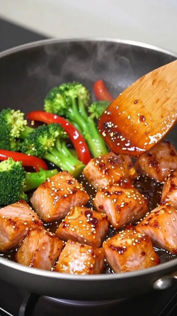 Action close-up in a modern skillet: bite-sized salmon cubes searing to a golden lacquer in a glossy sesame-ginger sauce with visible ginger bits and flecks of chili. Broccoli and red bell pepper strips pushed to one side, looking crisp-tender, steam rising. Drips of sauce clinging to a wooden spatula mid-stir. High-contrast, appetizing shine, stovetop setting with a neutral background to emphasize texture and caramelization.